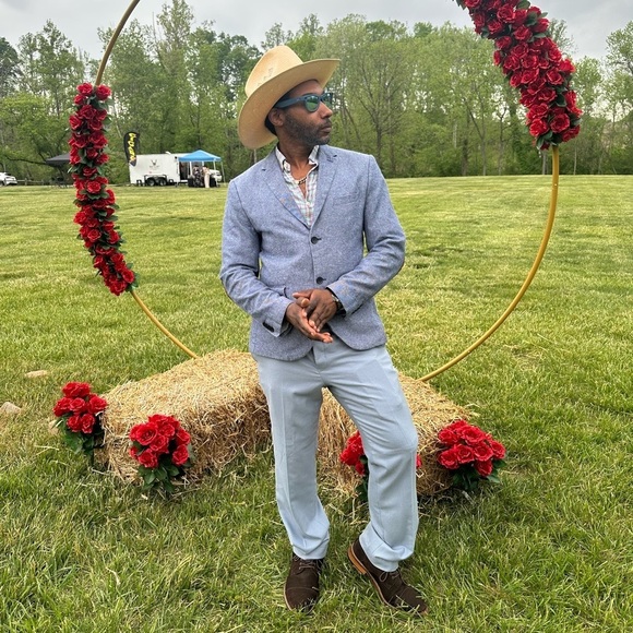 H&M Light Blue Blazer Jacket Size 42R Slim Fit Cotton Elbow Patch Sportcoat - Picture 6 of 11